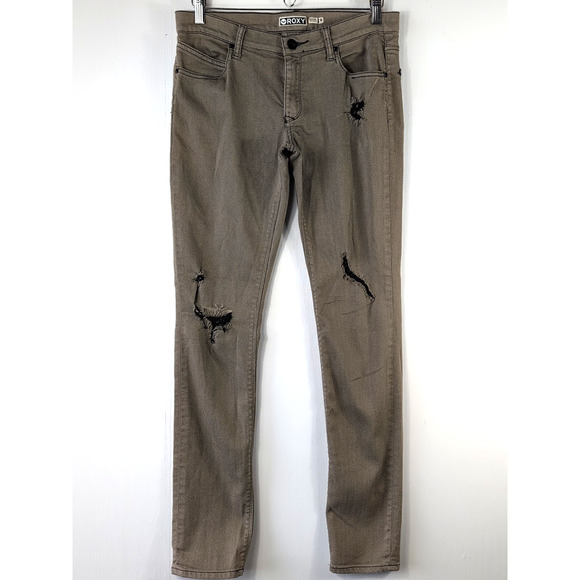 Roxy Jeans Women’s 9 W32 Brown Distressed Low Rise Skinny Fit Denim Pants Casual - Picture 1 of 14